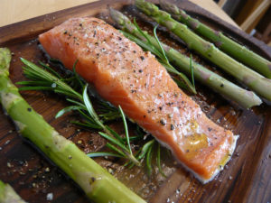 This turned out great; the salmon and asparagus were really infused with the pungent rosemary and woodsy cedar.